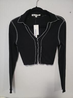 Wallflower Black Night Contrast Stitch Crop Top Blouse V-Neck Long Sleeve Size M